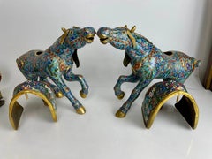 Pair Vintage Chinese Cloisonne Enameled Horse Censers