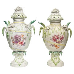 Pair 19th Century Floral Painted White Glazed Porcelain Vases from KPM