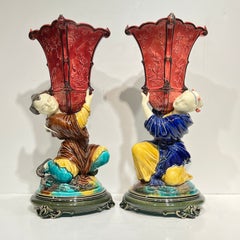 Pair French Figurative Chinoiserie Glazed Faience Vases by Leon Sazerat