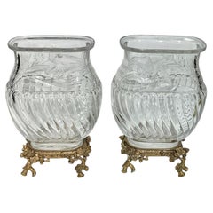 Pair 19th Century Japonisme Crystal and Gilt Bronze Vases Attributed to Baccarat
