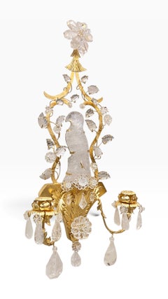 Pair New French Maison Bagues Style Parrot Form Rock Crystal Gilt Metal Sconces