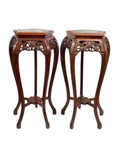 Pair Large Vintage Japanese Carved Wooden and Marble Plant Stands