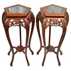 Pair Large Vintage Japanese Carved Wooden and Marble Plant Stands