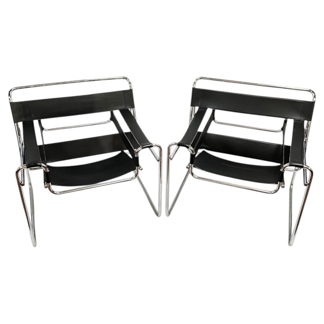 Pair Vintage Wassily Chrome and Black Leather Armchairs After Marcel Breuer