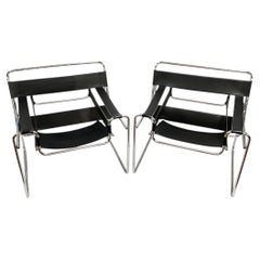 Pair Vintage Wassily Chrome and Black Leather Armchairs After Marcel Breuer