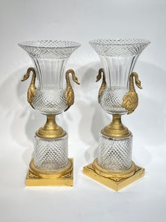 Pair 19th Century Ormolu Bronze Cut Glass Vases with Swans