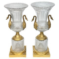 Pair 19th Century Ormolu Bronze Cut Glass Vases with Swans