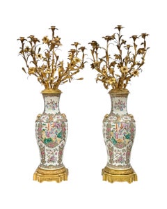 Pair French Gilt Bronze and Famille Rose Chinese Export Vase Candelabra