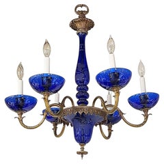 Lámpara de araña de 5 luces en cristal azul cobalto y bronce
