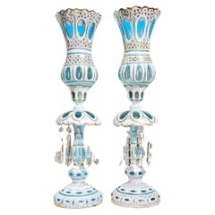 Pair Vintage Cased Glass White Cut-to-Blue Lusters / Candle Holders