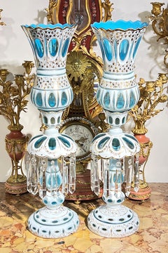 Pair Vintage Cased Glass White Cut-to-Blue Lusters / Candle Holders