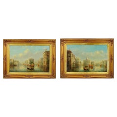 Pair Antique Venice Canal Scene Oil Paintings