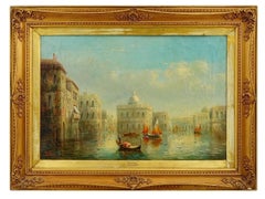 Pair Antique Venice Canal Scene Oil Paintings