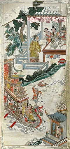 Large Chinese Hand-painted Wall Mirror Depicting Dragon Boat Festival