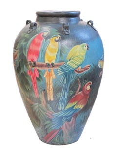 Large Polychrome Terracotta Floor Vase / Jar Depicting Parrots