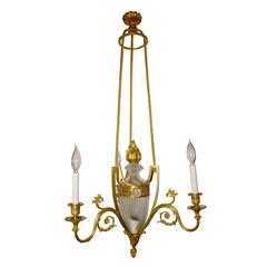 Louis XVI Style Three-Arm Bronze and Twisted Form Glass Chandelier