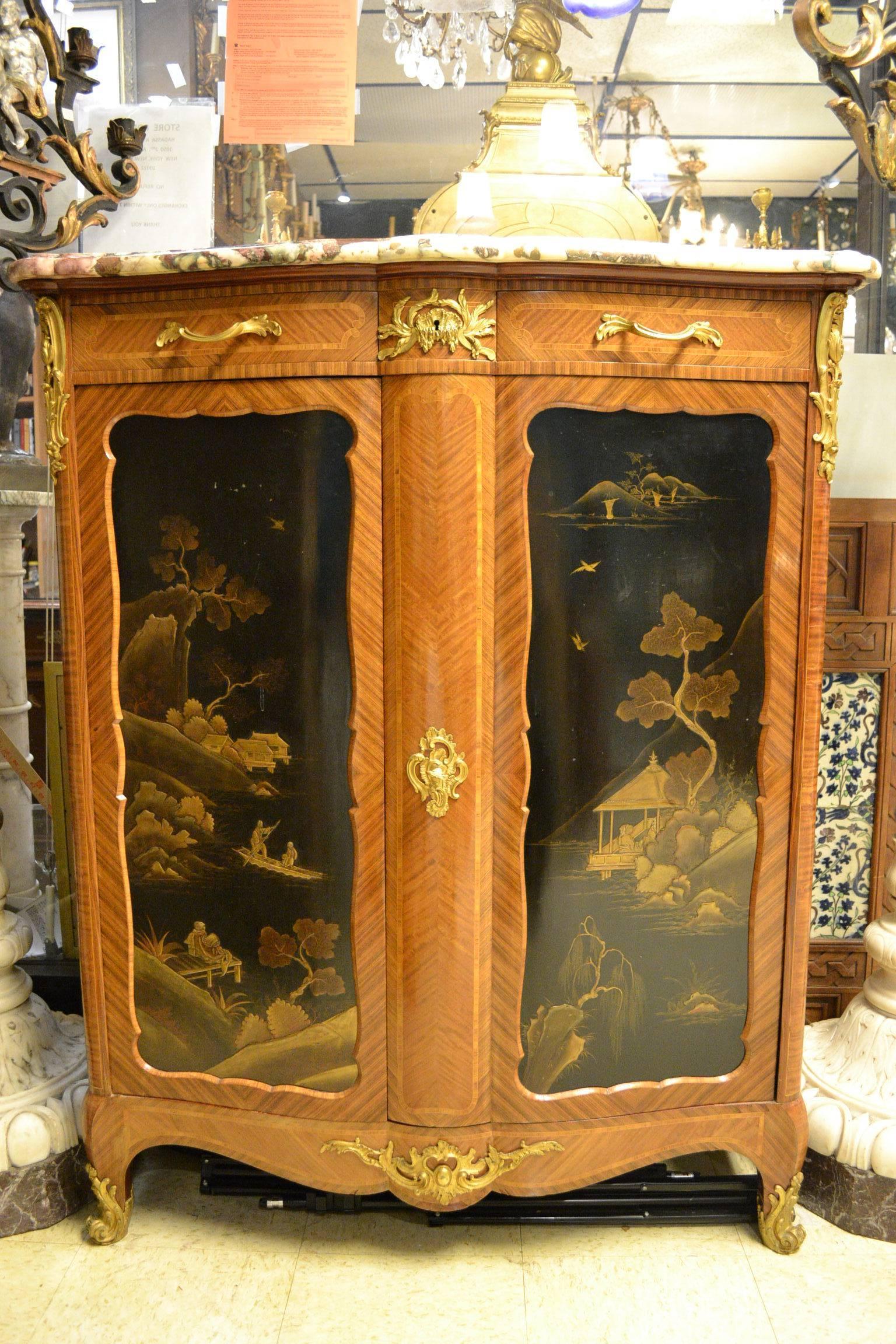 French Chinoiserie Japonism Laquer Marble Top Commode in Style of Linke In Good Condition In New York, NY