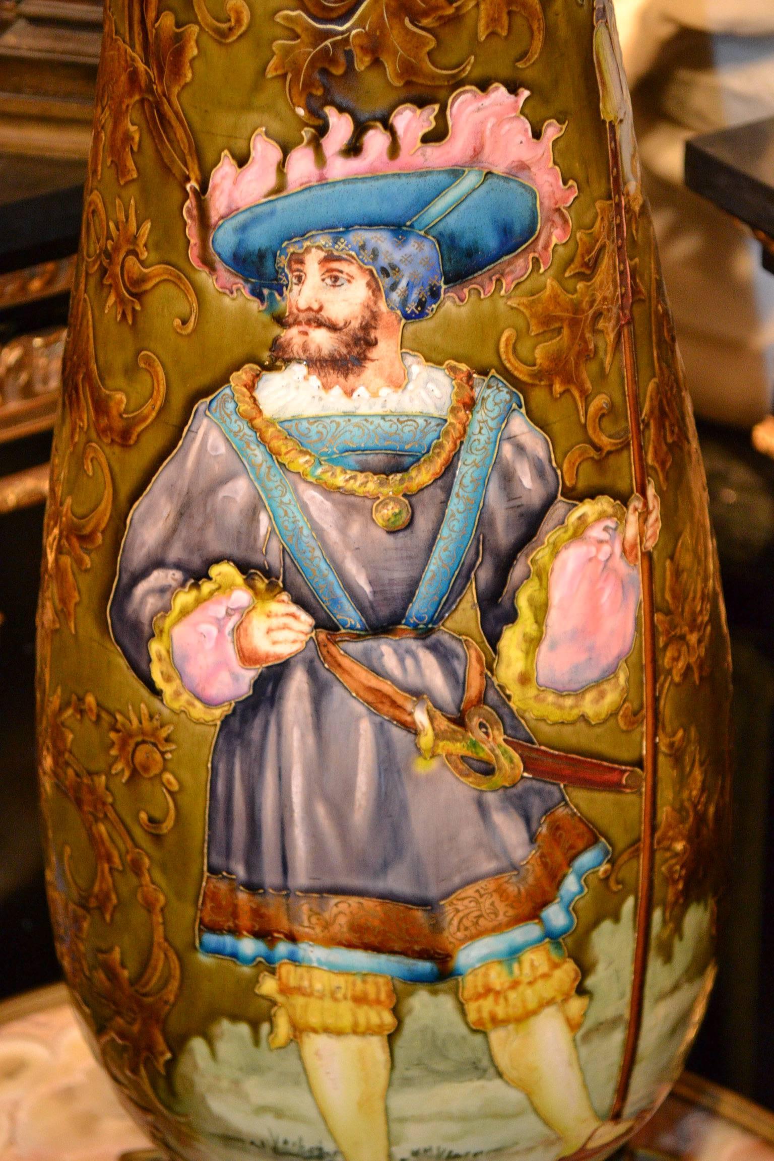 European Large Enameled on Porcelain and Bronze Footed Vase with Standing Chevalier Scene
