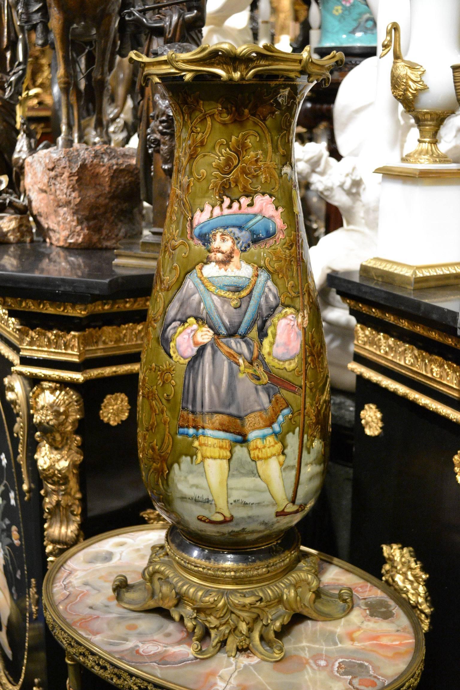 Large Enameled on Porcelain and Bronze Footed Vase with Standing Chevalier Scene In Good Condition In New York, NY