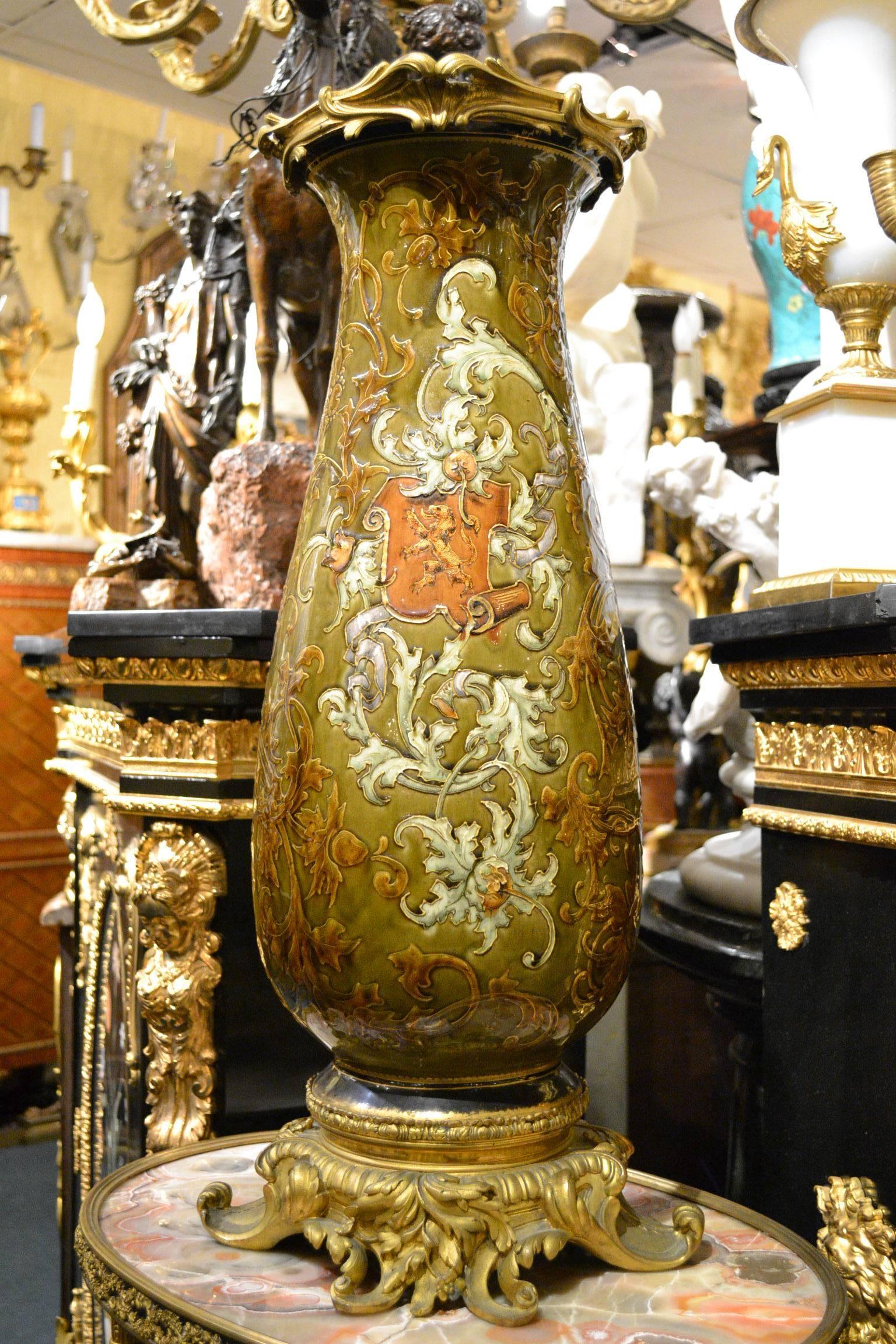 Large Enameled on Porcelain and Bronze Footed Vase with Standing Chevalier Scene 1