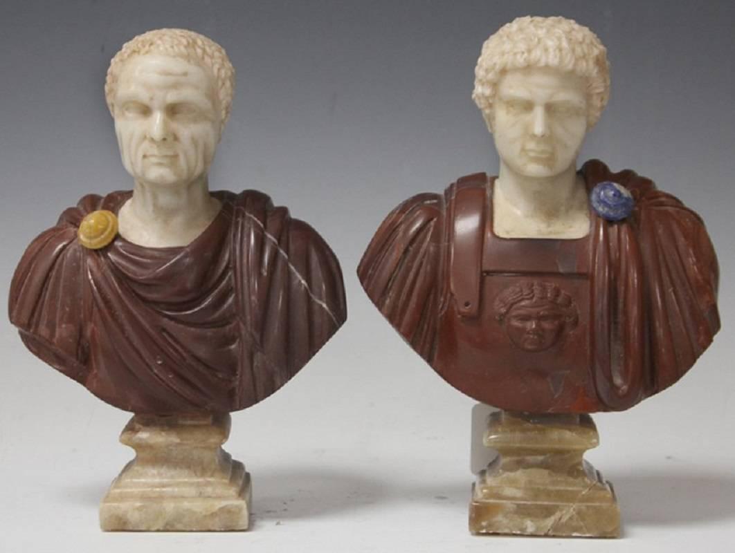 Pair of small Italian neoclassical multicolor marble busts.