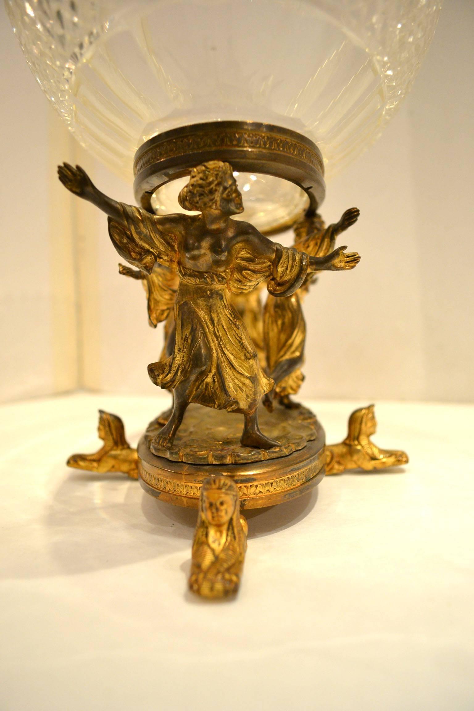 French Egyptian revival gilt bronze and crystal figural centerpiece with standing figures supporting an etched crystal bowl.