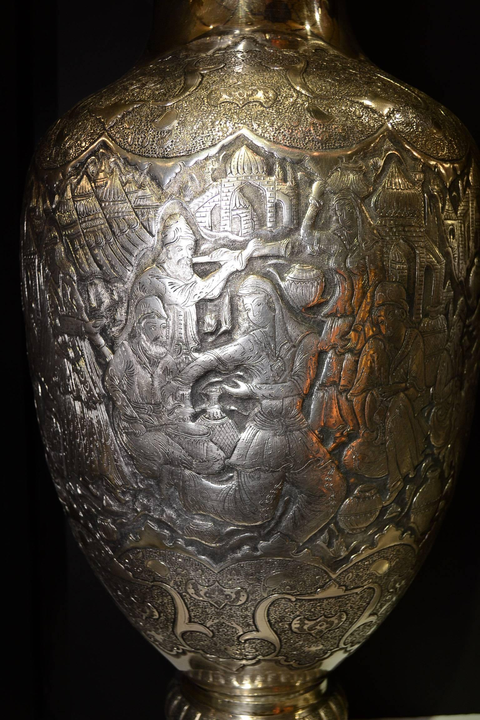 Magnificent Pair of Persian Silver Palace Size Vases with Inlaid Figural Work In Good Condition In New York, NY