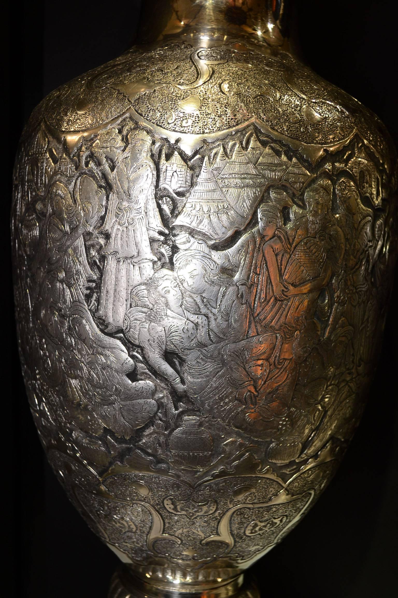 20th Century Magnificent Pair of Persian Silver Palace Size Vases with Inlaid Figural Work