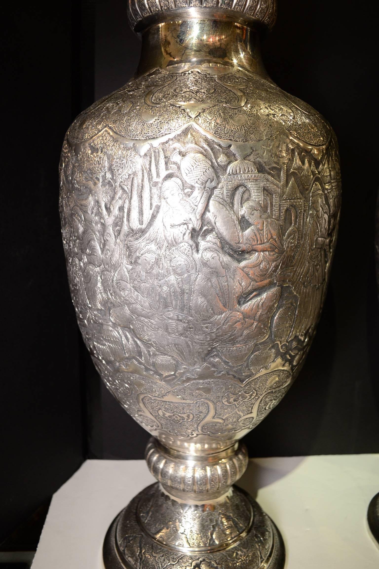 Magnificent Pair of Persian Silver Palace Size Vases with Inlaid Figural Work 1