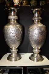 Magnificent Pair of Persian Silver Palace Size Vases with Inlaid Figural Work