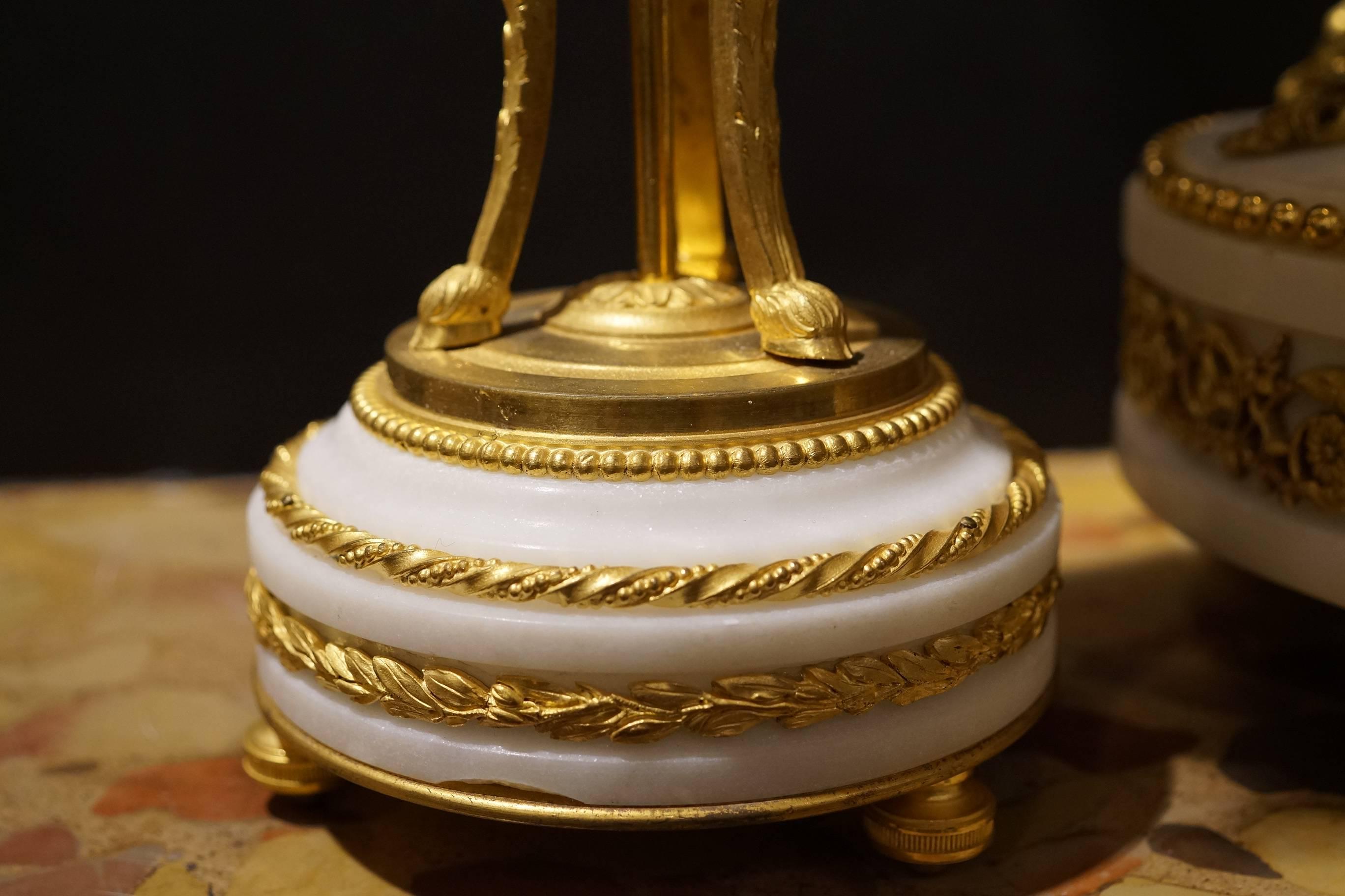 19th Century French Louis XVI Style Marble Gilt Bronze Clock and Candelabra Set 5