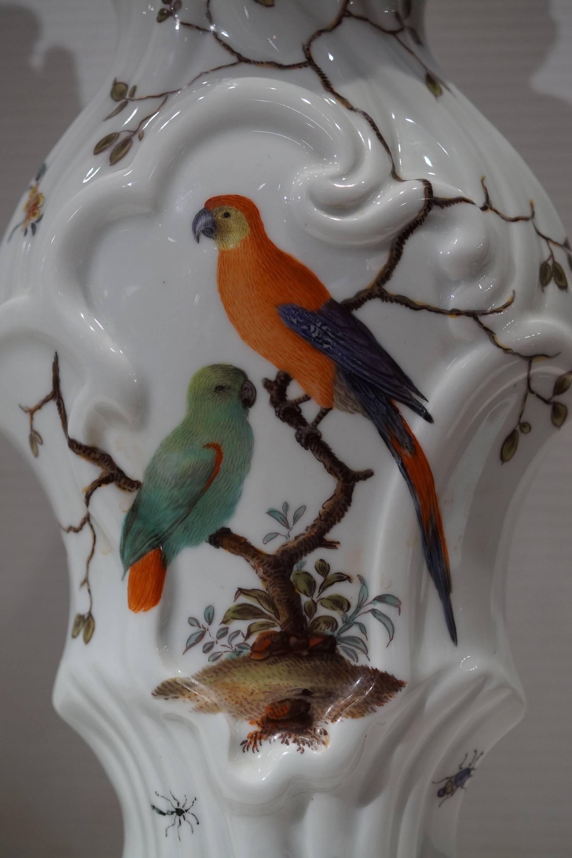 Pair of Aesthetic Painted Porcelain and Bronze Covered Urns with Bird and Flower 3