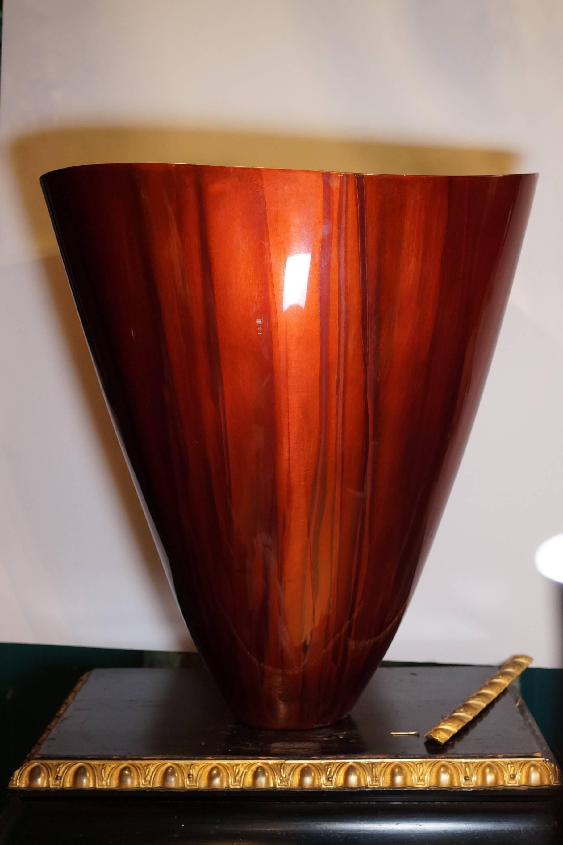A very unusual contemporary red enameled bronze vase.
Signed at the bottom Daniel? 3/5 1990
Very heavy.
Has an amazing presence and look.