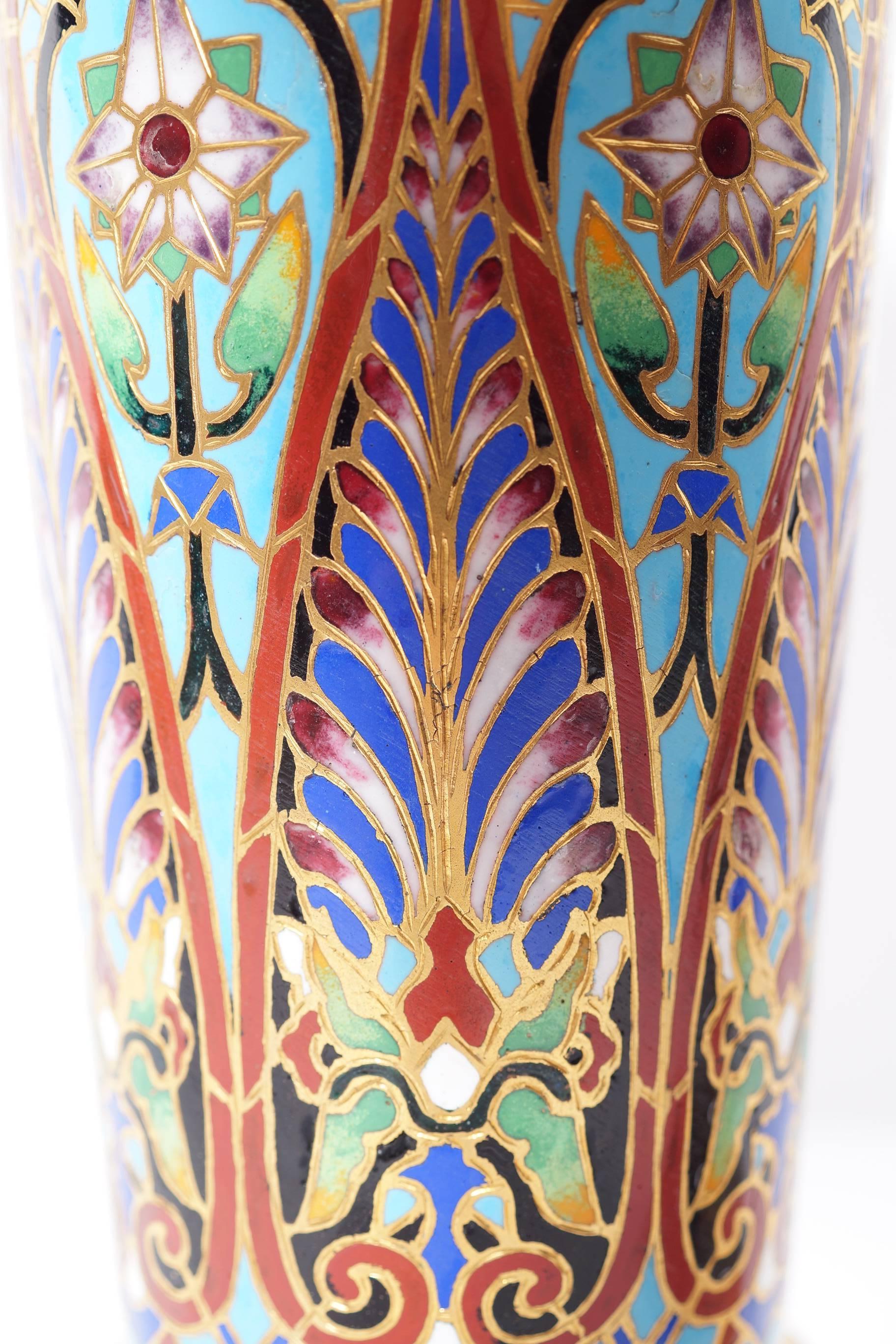 Pair of French 19th century champlevé enamel vases with feather design motif.