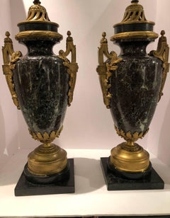 Pair of 19 Century French Louis XVI Style Marble and Bronze Urns