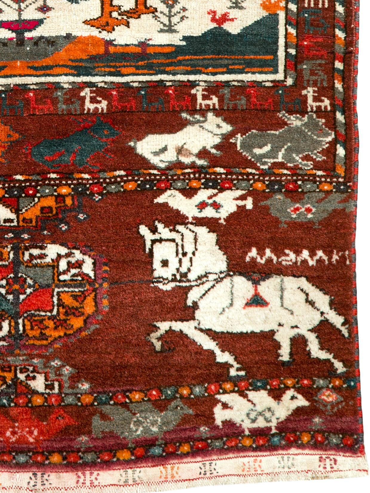 Tribal Vintage Persian Turkoman Pictorial Rug For Sale
