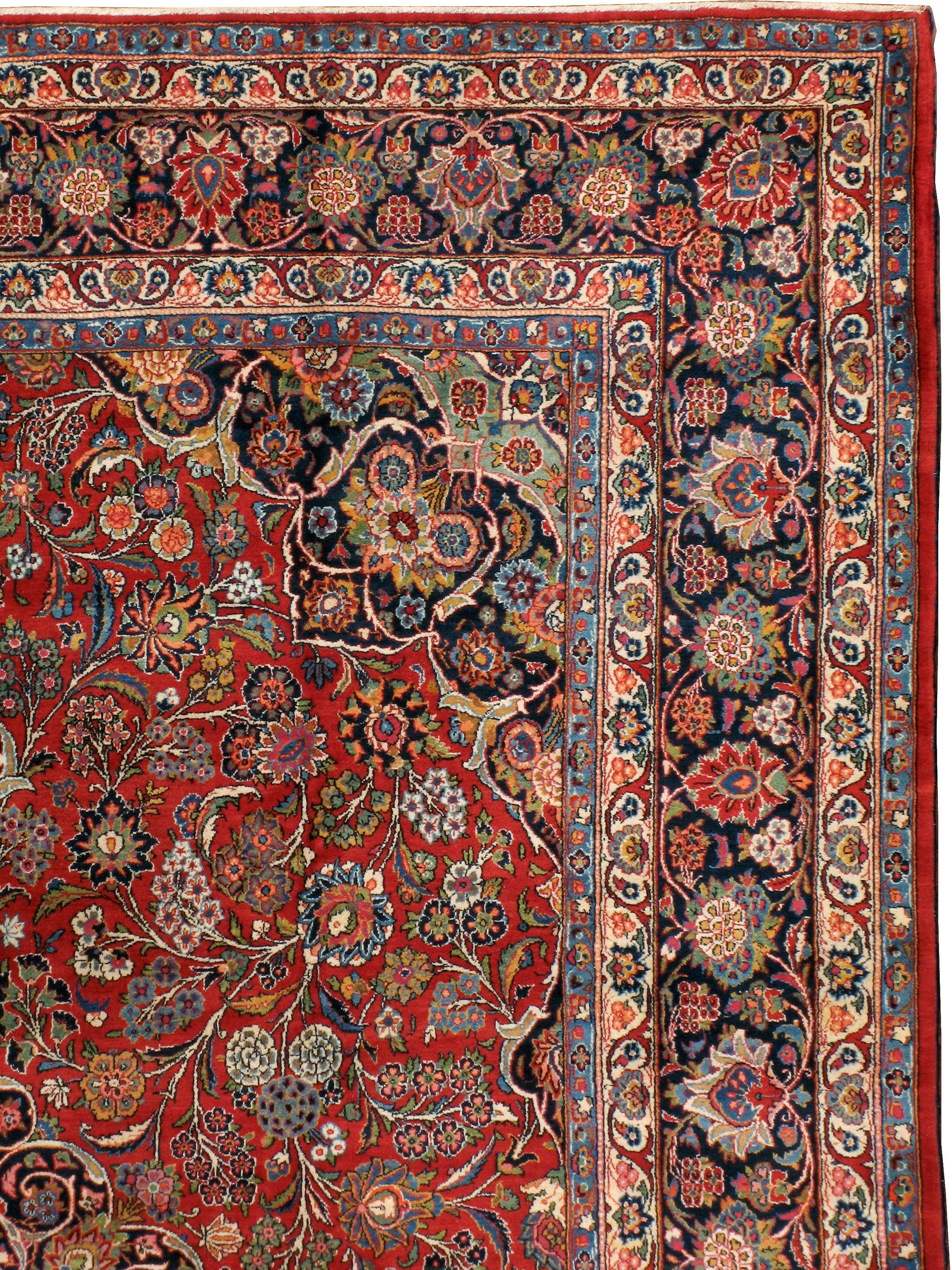 Hand-Knotted Mid-20th Century Handmade Persian Kashan 9' x 12' Room Size Rug in Red and Navy For Sale