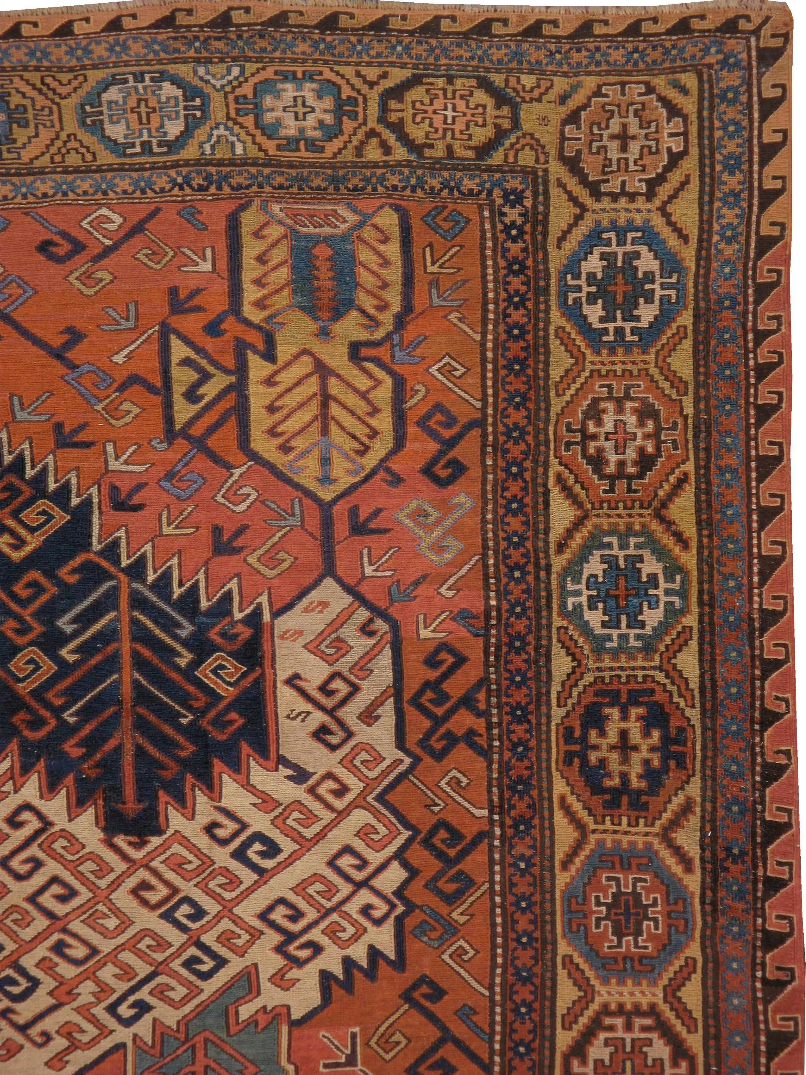 An antique Caucasian flat-woven Soumak carpet from the turn of the 20th century.