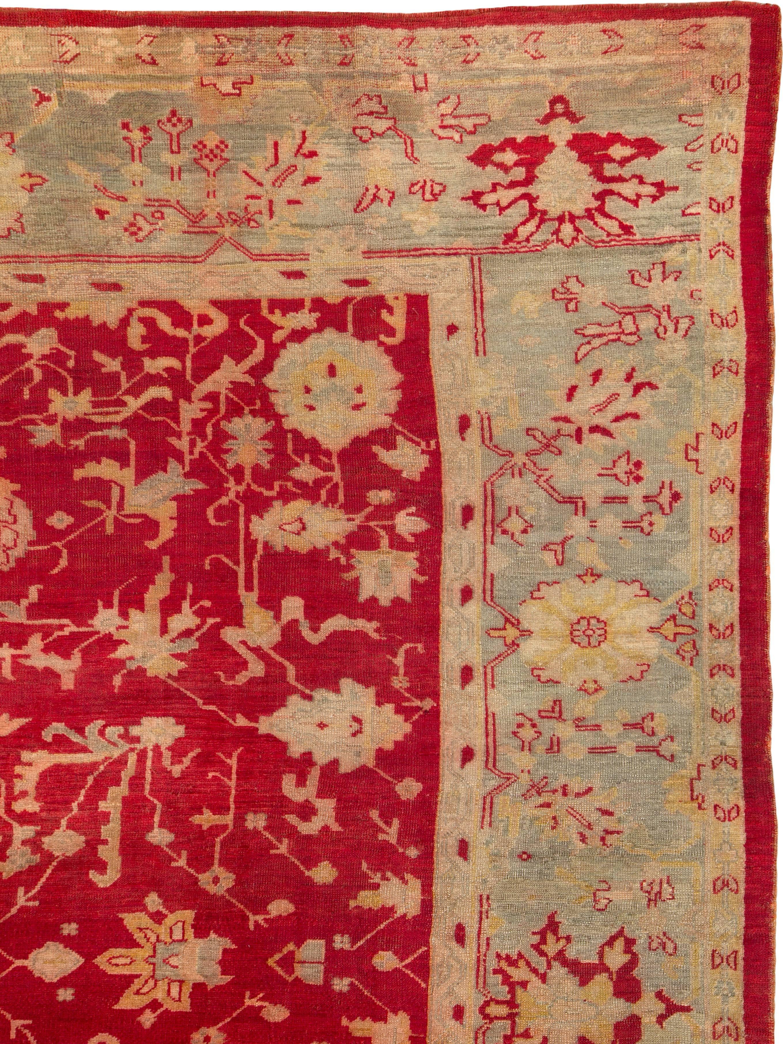 Hand-Knotted Early 20th Century Handmade Turkish Oushak Room Size Carpet in Red and Grey For Sale