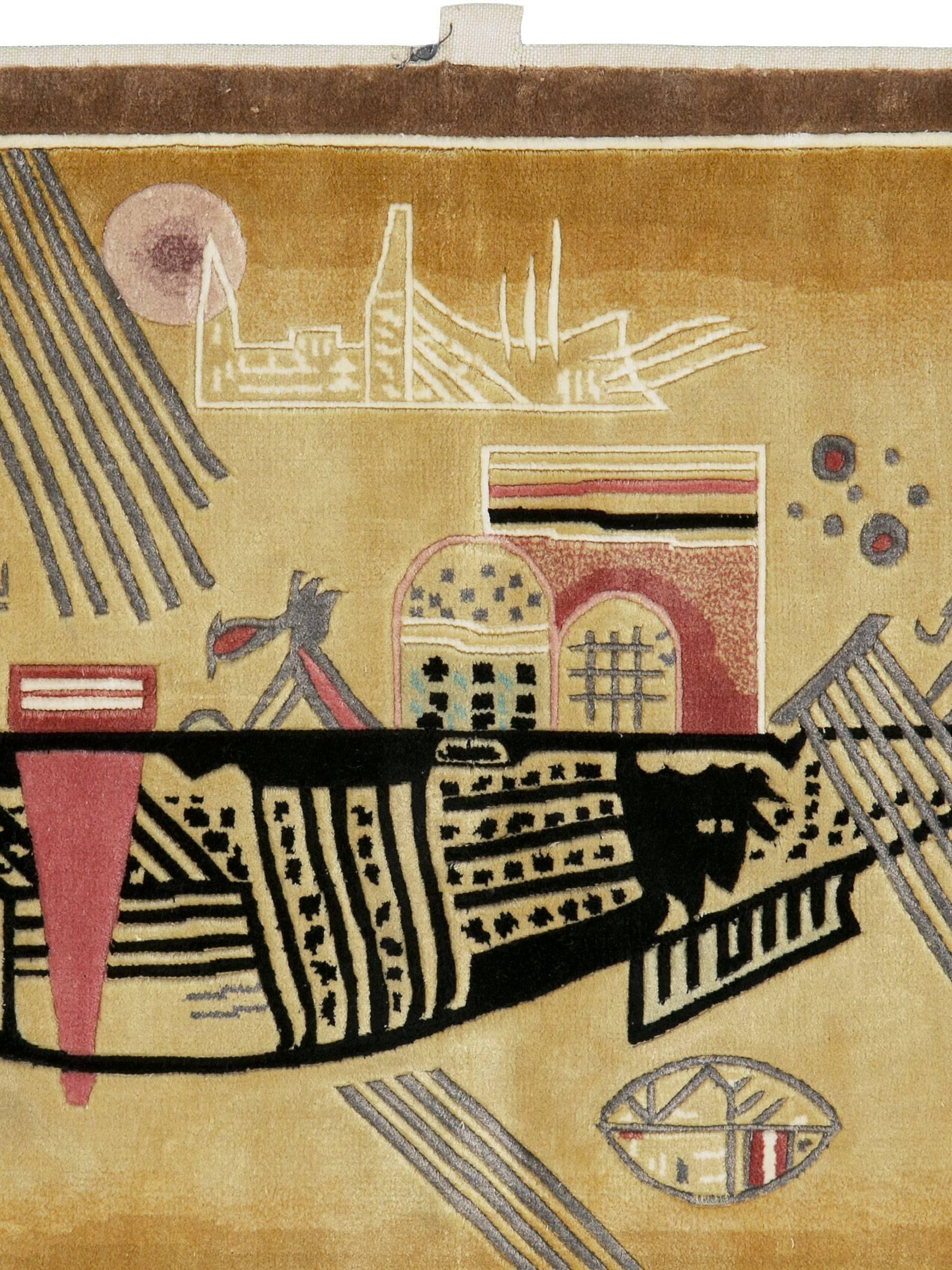 A modern silk wall hanging rug after Wassily Kandinsky's Capricious, circa 1930. Green rays, a black boat or space ship, a distant sketchy townscape? Maybe anthropomorphic and zoomorphic motives on the golden tan ground signed ‘Kandinsky’.