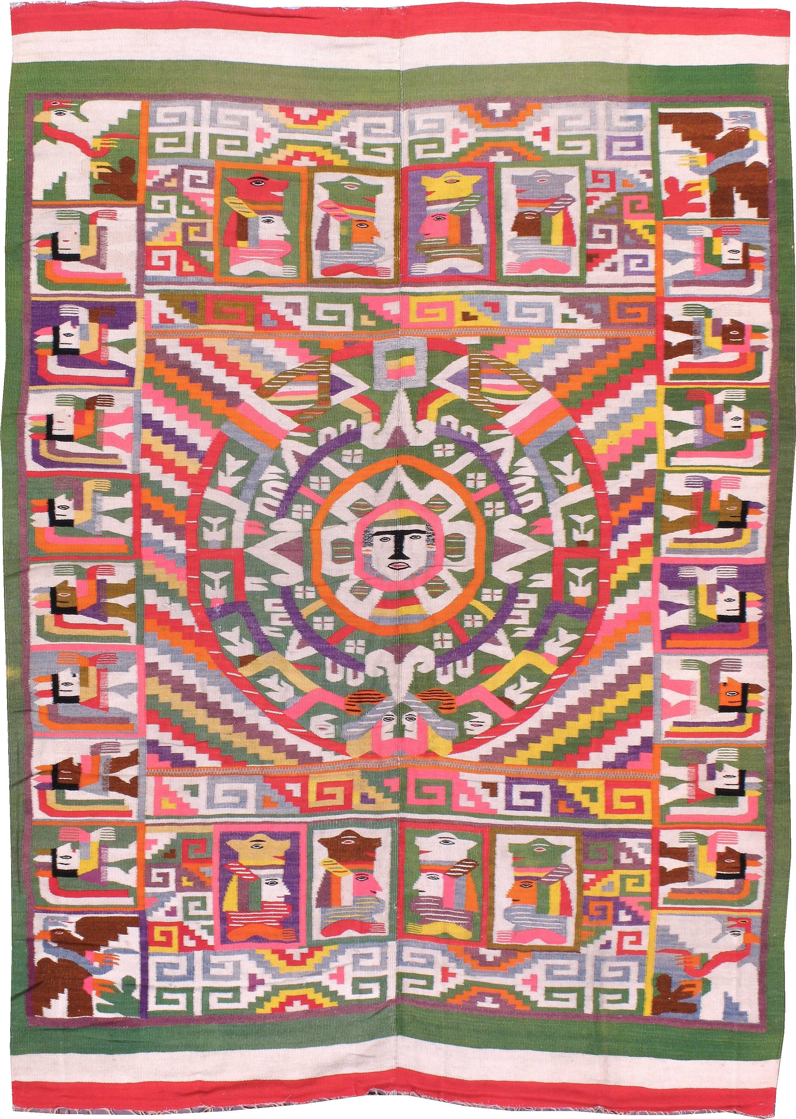 A vintage Mexican Kilim flat-weave from the mid-20th century featuring an abstract pattern consisting people and animal characters.