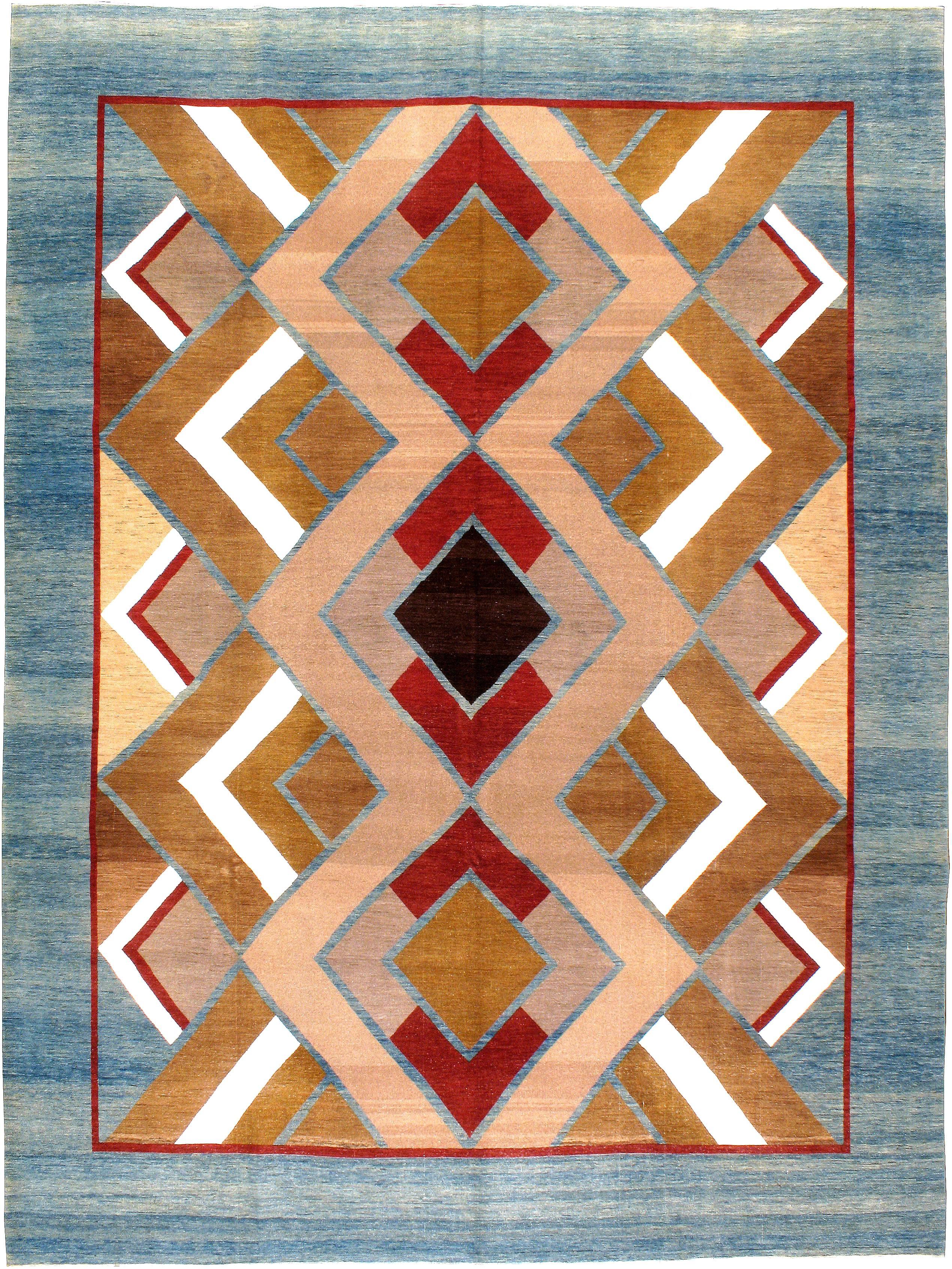 Ein Perserteppich mit modernistischem Design aus dem vierten Quartal des 20. Jahrhunderts. Dieser Teppich wurde aus wiederverwendeter alter Wolle gewebt, um die Patina eines alten Teppichs zu erhalten.