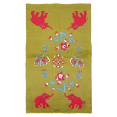 Midcentury Swedish Handmade Green Pictorial Rug With Elephants and Teddy Bears