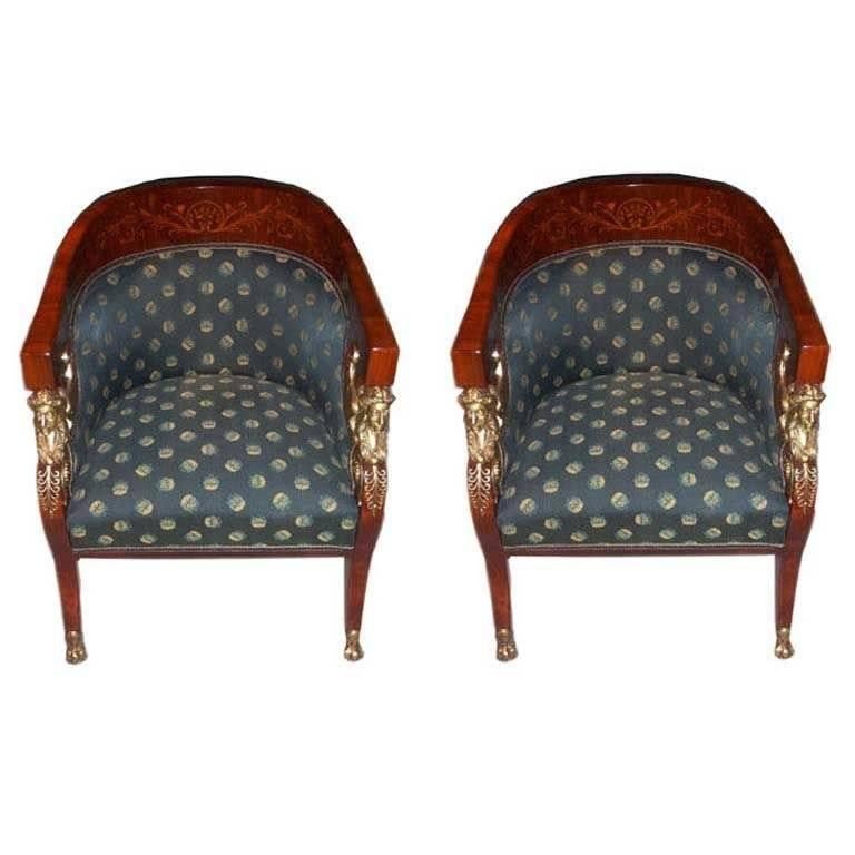 Two Empire revival chairs and matching loveseat – pieces were designed for the Hungarian Loire Tura Castle (designed by Miklos YBL) of the Baron Schlossberger Family and first made by the workshop of J. Danhauser (1780-1915), Vienna. Later pieces of