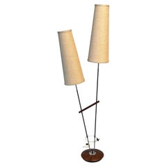 1950s–1960s German Twin-Cone Floor Lamp in wood, steel, Chrome and Textured.