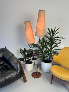 1950s–1960s German Twin-Cone Floor Lamp in wood, steel, Chrome and Textured.