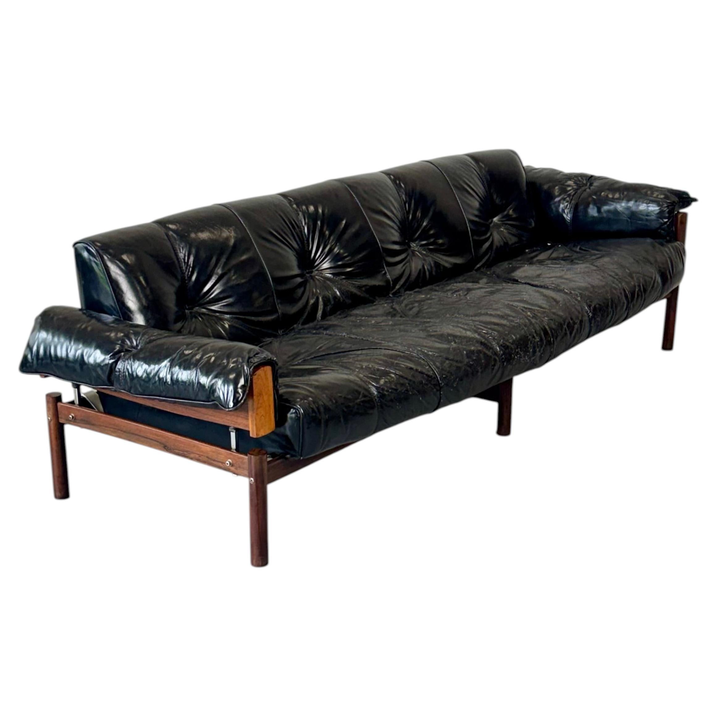 1960s MP-13 Four-Seat Sofa by Percival Lafer in Original Black Leather.