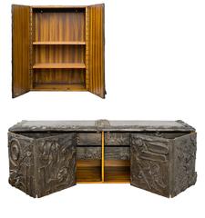 Paul Evans Matched Pair Of Sculpted Bronze Floating Cabinets w/ Pull-Out Drawers