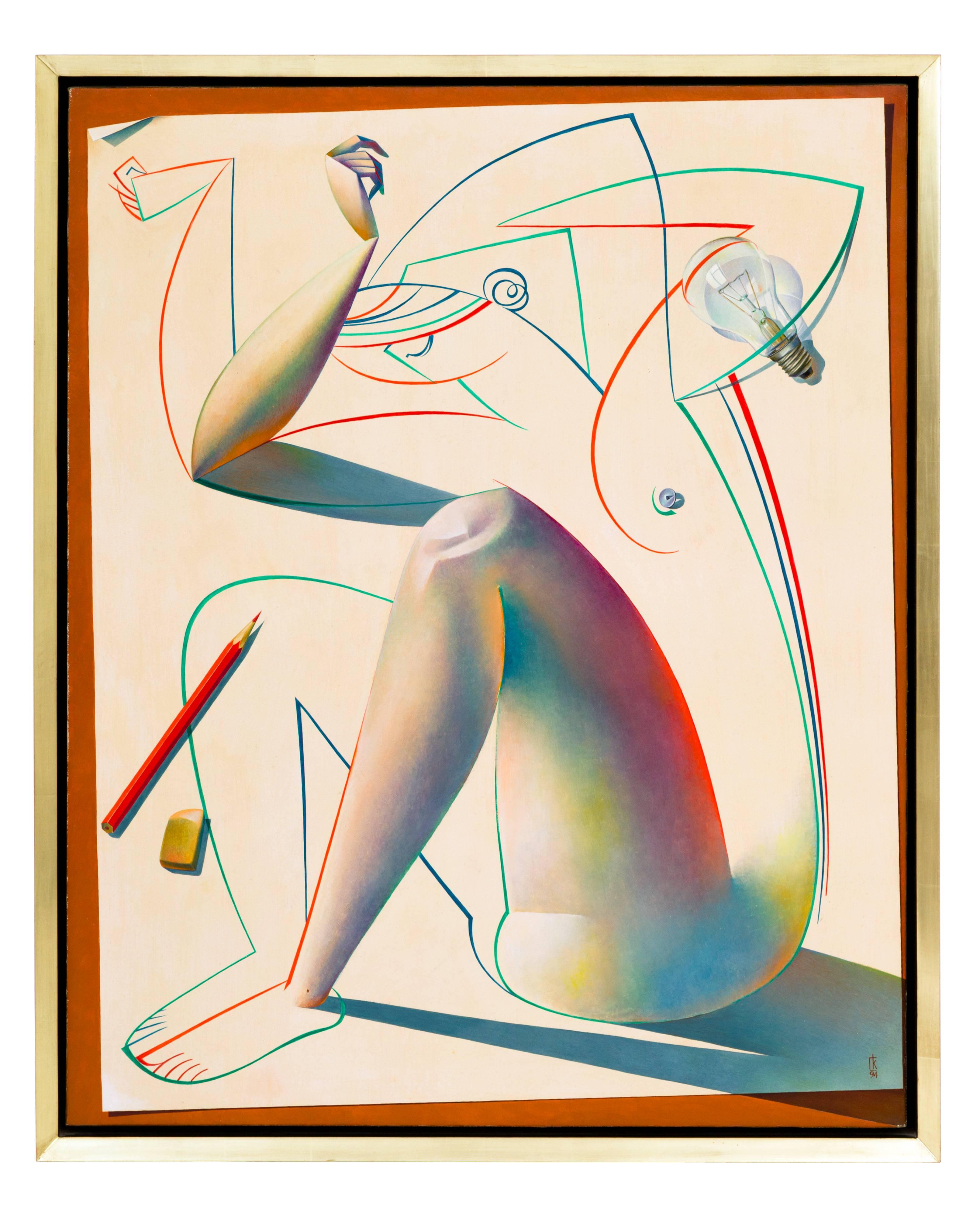 Ein fesselndes, originales Öl auf Leinwand mit dem Titel The Birth of Form des russischen Malers Georgy Kurasov (geb. 1958) in seinem originalen vergoldeten Rahmen, das einen illustrativ-kubistischen Stil mit Pop-Art-Elementen verbindet. In natura