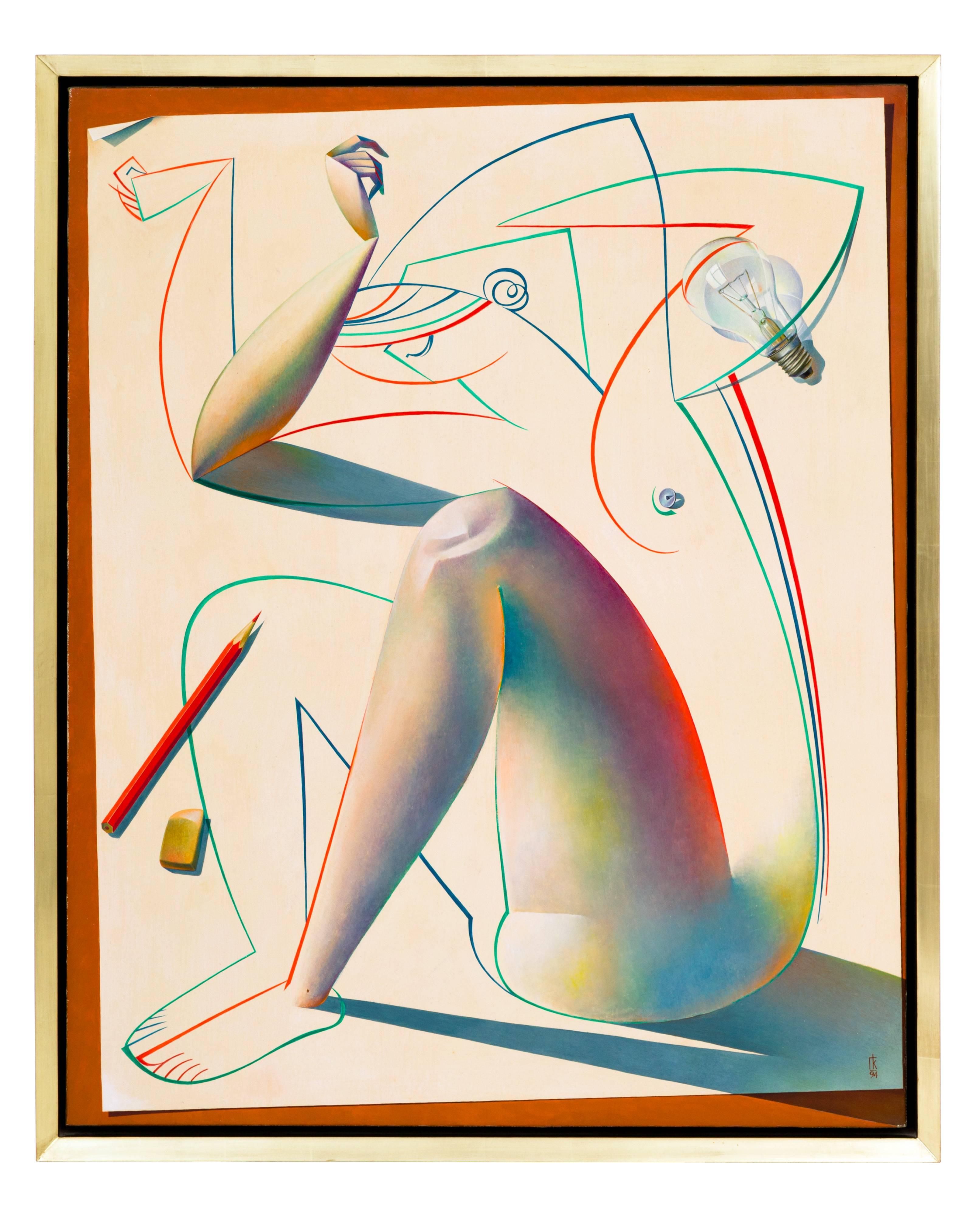 A captivating, original oil on canvas titled, The Birth of Form, by Russian painter, Georgy Kurasov (b. 1958), in its original gilded frame that fuses an illustrative-cubist style with pop art elements. Even nicer in person and in wonderful